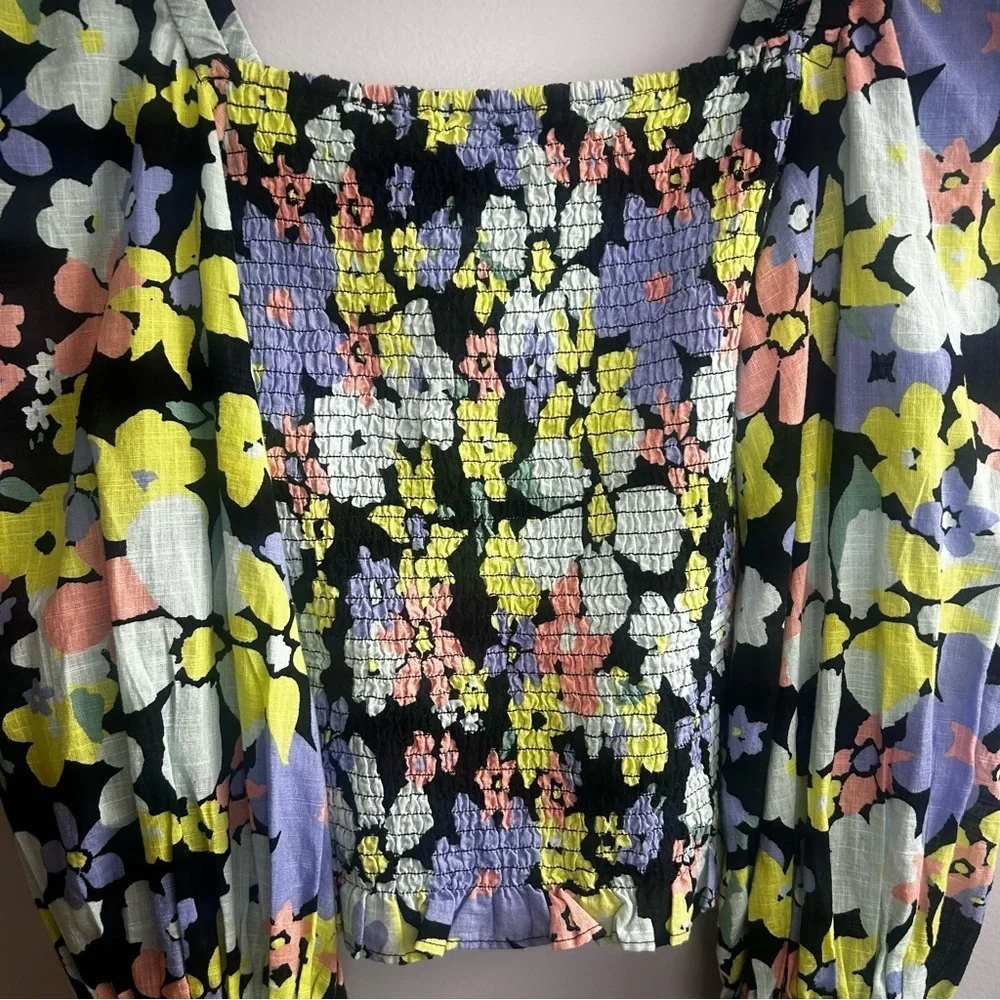 Free People Ariana Floral Retro Combo Balloon Sleeve Smocked Blouse Size Large